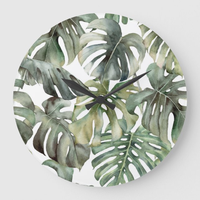 Relógio Grande Monstera Tropical Grande Padrão de Aquarela (Frente)
