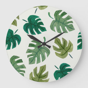 Relógio Grande Monstera Watercolor: Textura Verde Sem Costura.