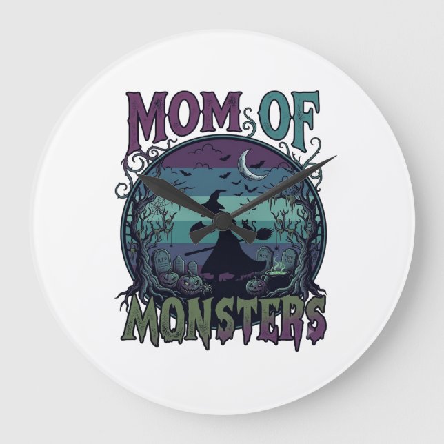Relógio Grande Monstros Mãe Halloween Bruxa Lua Abóboras Cemitéri (Frente)