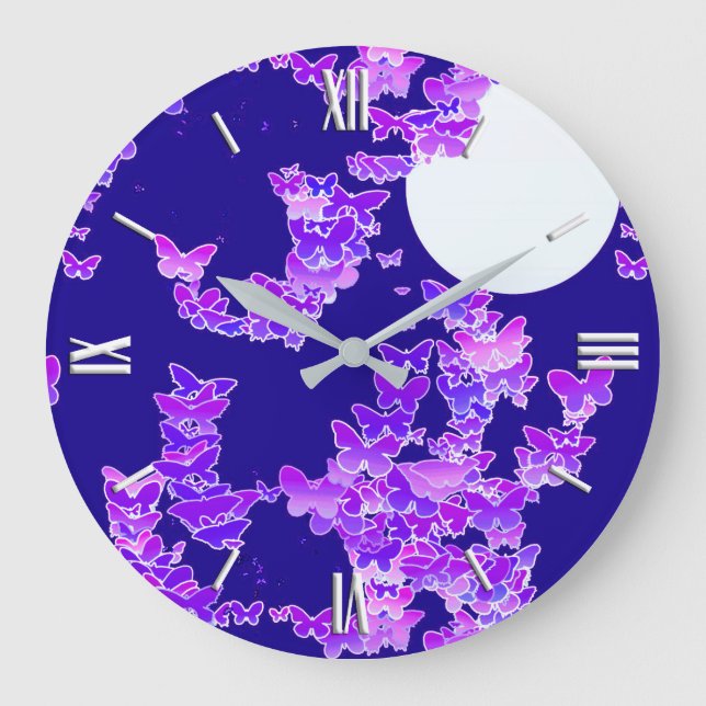 Relógio Grande Moonscape com borboletas - lilac, azul escuro (Frente)