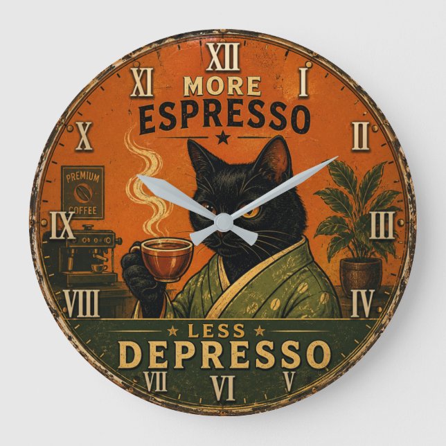 Relógio Grande More Espresso Less Depresso Cat (Frente)