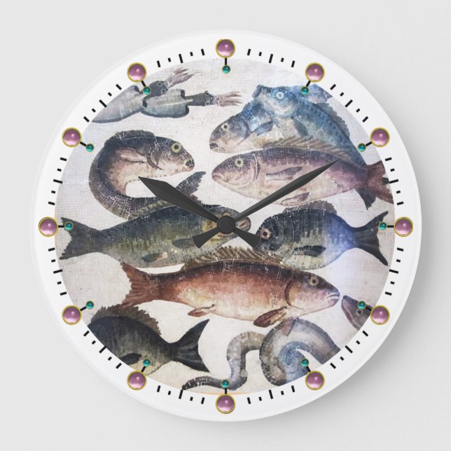 RELÓGIO GRANDE MOSAÍDOS ROMANOS ANTIGOS, PESCAS, CENA CÉLULA DE V (Frente)