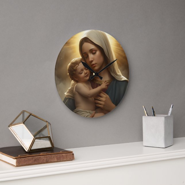 Relógio Grande Mother Mary and Baby Jesus Wall Clock (Escritório)