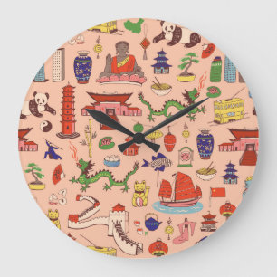 Relógio Grande Motivos de Hong Kong desenhados à mão: padrão sem