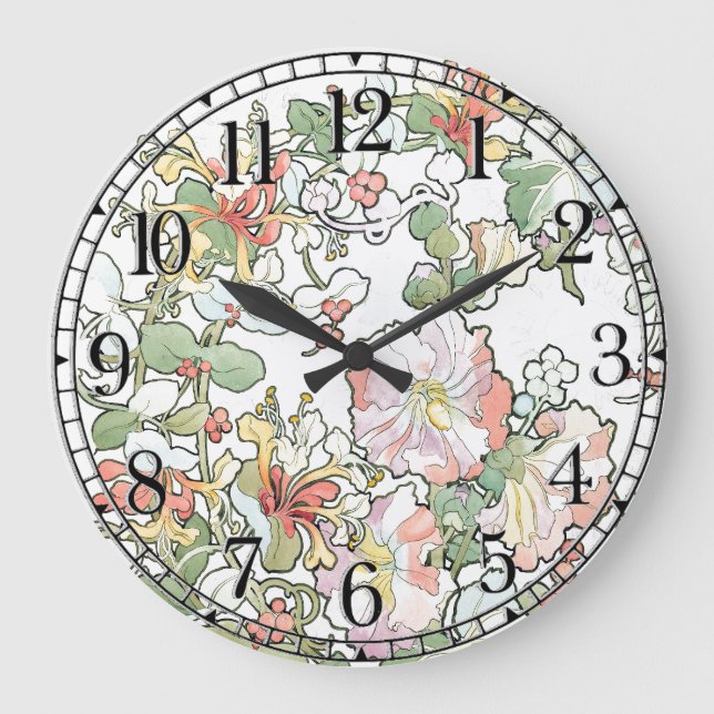 Relógio Grande Mucha Art Nouveau Hollyhock Flowers Wall Clock (Frente)