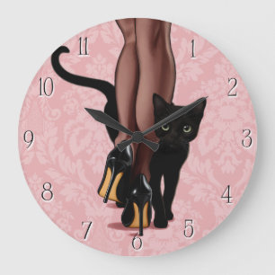 Relógio Grande Mulher à moda e gato preto