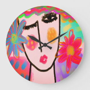 Relógio Grande Mulher com Flores, Abstrato de Arte Funky