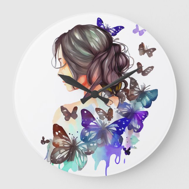 Relógio Grande MULHER DE Aquarela LINDA COM BORBOLETAS (Frente)