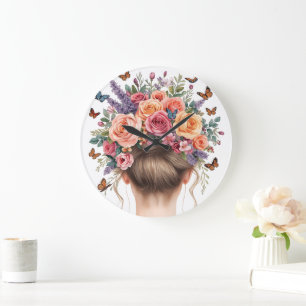 Relógio Grande Mulher de Coroa Floral com Rosas e Borboletas Água