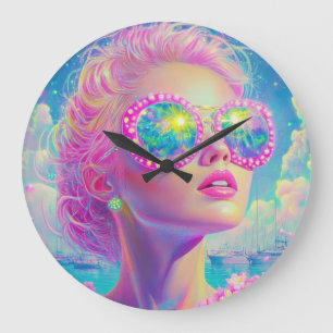 Relógio Grande Mulher Neon Glamorosa com Óculos Espumantes