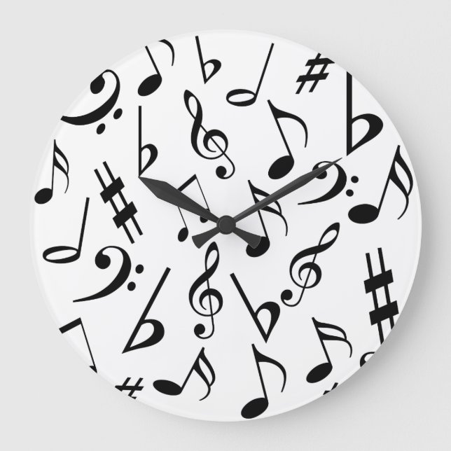 Relógio Grande Musical Notes Music Clock: Preto & Branco (Frente)