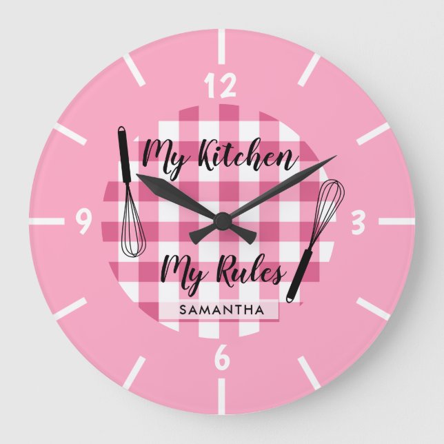 Relógio Grande My Kitchen My Rules Pink Gingham Farmhouse (Frente)