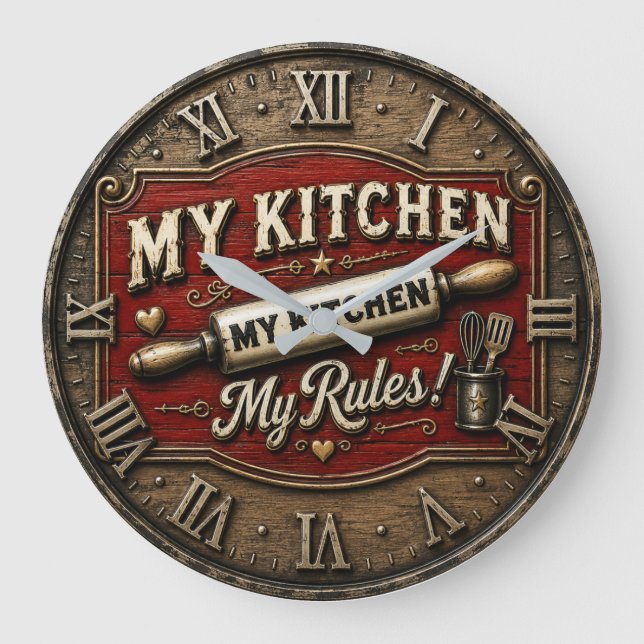 Relógio Grande My Kitchen My Rules Rustic Farmhouse Rolling Pin (Frente)