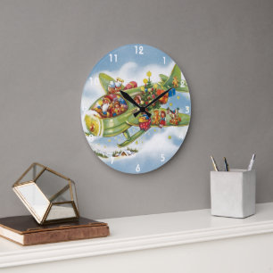 Relógio Grande Natais vintages, Papai Noel Voando um Avião