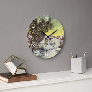 Relógio Grande Natal Antigo, Lago Congelado com Patinadores no Ge