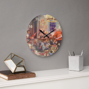 Relógio Grande Natal Antigo, Papai Noel com Oficina de Elfos