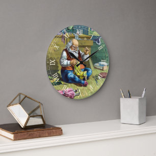 Relógio Grande Natal Antigo, Papai Noel Fazendo Bonecas de Brinqu