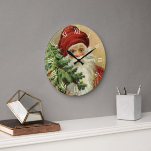 Relógio Grande Natal Antigo, Papai Noel Vitoriano com Árvore
