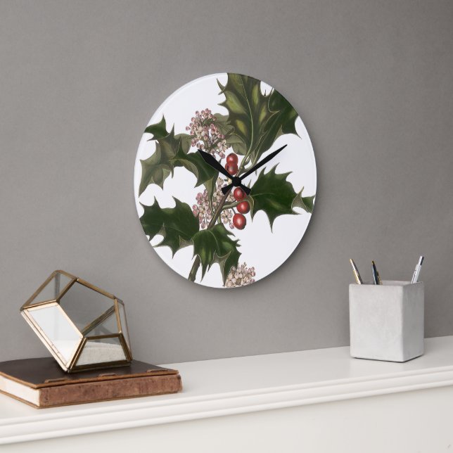 Relógio Grande Natal Antigo, Planta de Azevim Verde com Frutas (Escritório)