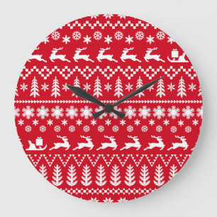 Relógio Grande Natal clássico: Padrão de inverno branco vermelho