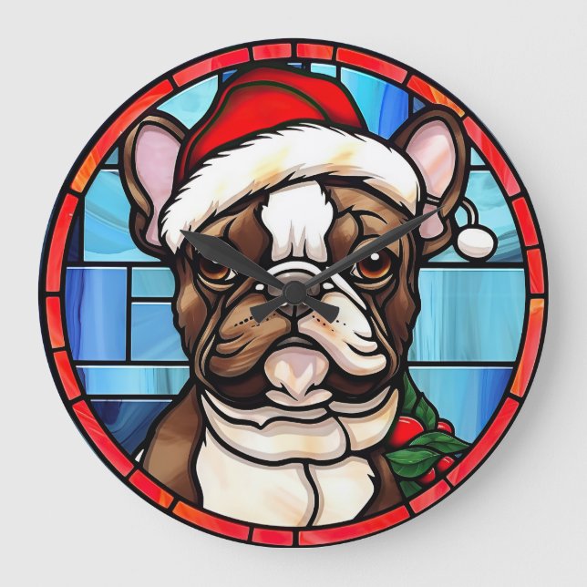 Relógio Grande Natal em Vidro Pintado Bulldog Francês (Frente)