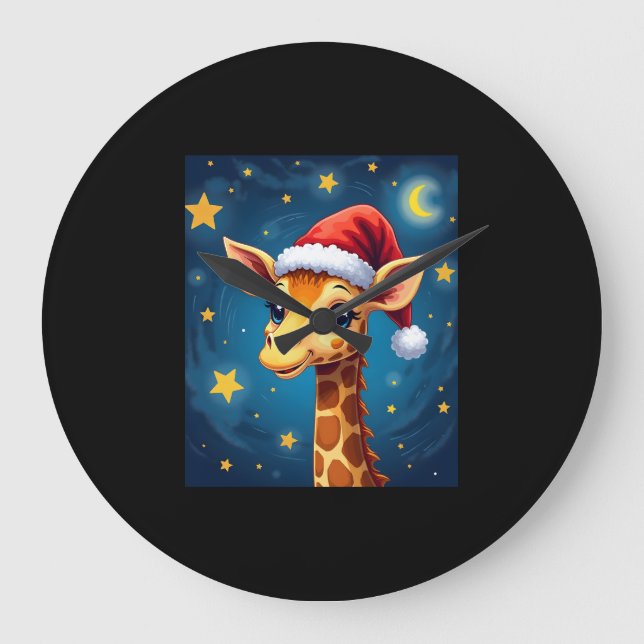 Relógio Grande Natal Girafa Santa Hat Feriado da Noite Estrelada  (Frente)