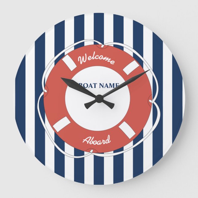 Relógio Grande Nautical Blue Striped Welcome Aboard Boat Name  (Frente)