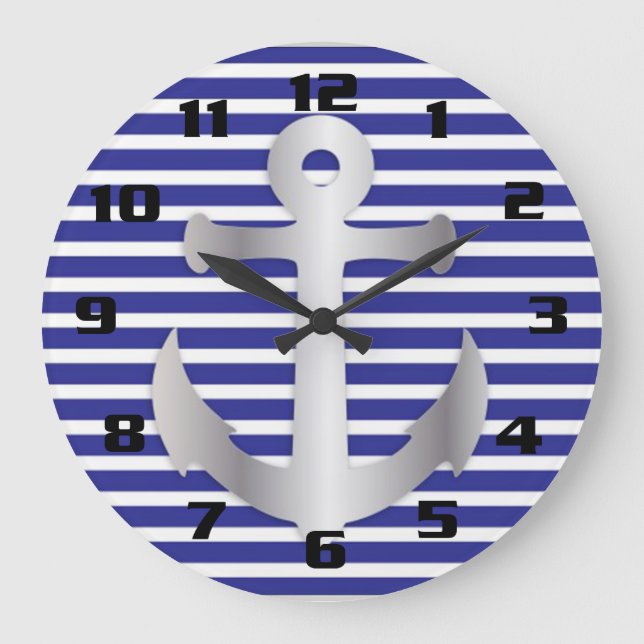Relógio Grande Nautical Theme Blue Stripes Pattern Anchor (Frente)