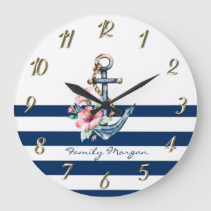 Relógio Grande Náutico, Âncora Floral Listras Azul Marinho