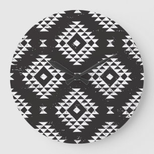 Relógio Grande Navajo Geométrico: Tribal Branco Negro.