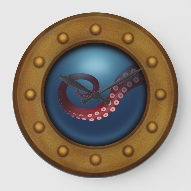 Relógio Grande Navio Porthole Mar Profundo Octopus Náutico (Front)
