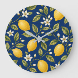Relógio Grande Navy Blue Mediterranean Lemon Wall Clock