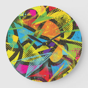 Relógio Grande Néon Chaótico: Padrão de Grafite Abstrato.