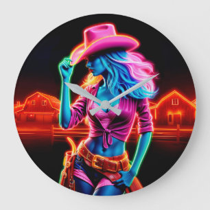 Relógio Grande Neon fantasiosa vaqueira no rancho brilhante