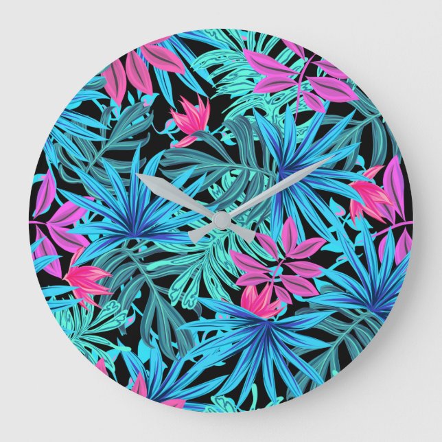 Relógio Grande Neon Pink and Blue Tropical Plant Pattern (Frente)