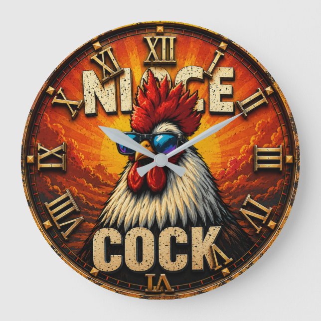 Relógio Grande Nice Funny Rooster  Rustic Farmhouse Chicken  (Frente)