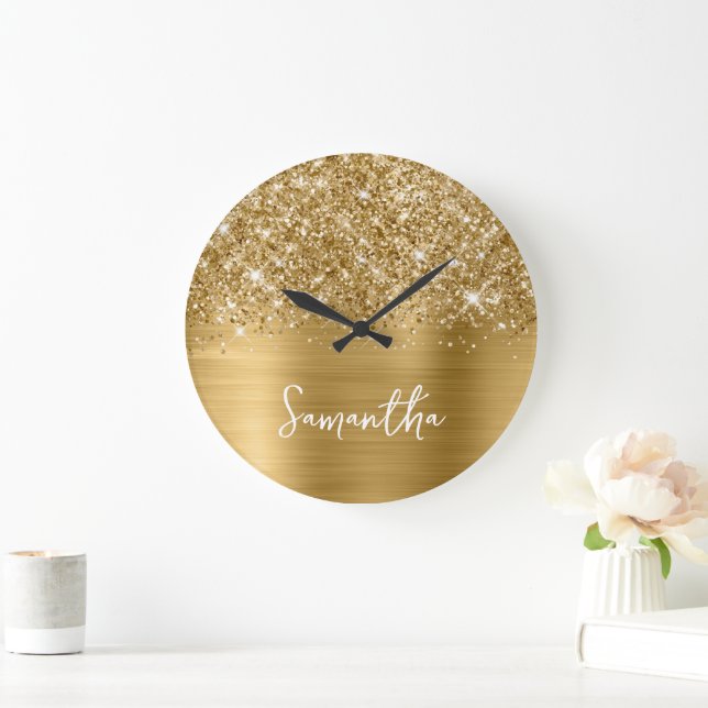 Relógio Grande Nome Branco Glam Glittery Dourado (Lar)