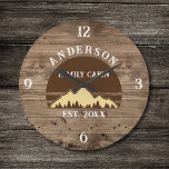 Relógio Grande Nome da Família de Árvores Retrópicas Russas de Ca<br><div class="desc">Transforme sua casa em um retiro aconchegante com nossa família Cabin Rustic Trees Family Name Large Clock. Este charmoso relógio traz a beleza rústica do excelente ao ar livre para o seu espaço vivo. Apresentando um design de inspiração vintagal com árvores retrógradas rústicas, ele adiciona um toque de nostalgia a...</div>