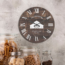 Relógio Grande Nome da Família em Barn Shiplap Rústico Vintage