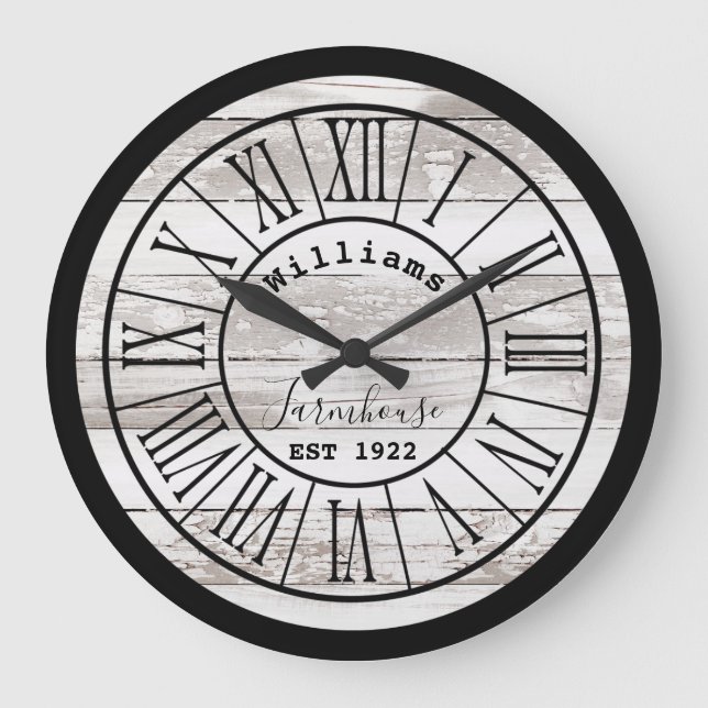 Relógio Grande Nome da Família Farmhouse de Madeira Branca Distan (Frente)