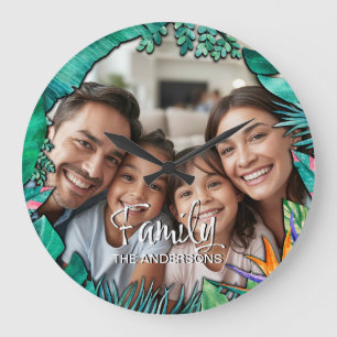 Relógio Grande Nome da Família Personalizado Foto Tropical Aquare