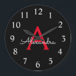 Relógio Grande Nome do Monograma da Rapariga do Script Preto Verm<br><div class="desc">Relógio de Nome do Script Simples Vermelho e Preto. Isso faz o doce presente de 16 anos,  casamento,  chá de panela,  aniversário,  chá de fraldas ou festa de solteira perfeito para alguém que ama luxo de óculos e estilos quicos.</div>