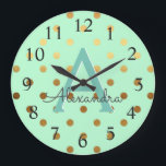 Relógio Grande Nome do Monograma do Mint e do Gold Foil Bolinhas<br><div class="desc">Nome do Monograma e Relógio Inicial de Parede do Mint e do Gold Foil Bolinhas. O Relógio de Parede é o presente perfeito para alguém que ama Bolinhas de Mint e Gold Foil.</div>