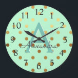 Relógio Grande Nome do Monograma do Mint e do Gold Foil Bolinhas<br><div class="desc">Nome do Monograma e Relógio Inicial de Parede do Mint e do Gold Foil Bolinhas. O Relógio de Parede é o presente perfeito para alguém que ama Bolinhas de Mint e Gold Foil.</div>