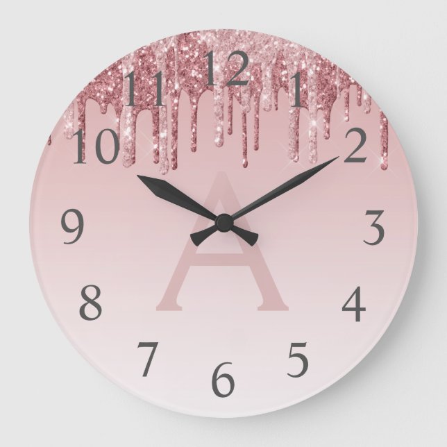 Relógio Grande Nome do Monograma do Sparkle Glitter de rosa Doura (Frente)