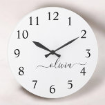 Relógio Grande Nome do Monograma Girly de Script Moderno Branco N<br><div class="desc">Relógio de Nome do Monograma Simples Preto e Branco. Isto faz o doce e perfeito aniversário de 16 anos,  casamento,  chá de panela,  aniversário,  chá de fraldas ou festa de solteira presente para alguém que ama luxo de luxo e estilos quíticos.</div>