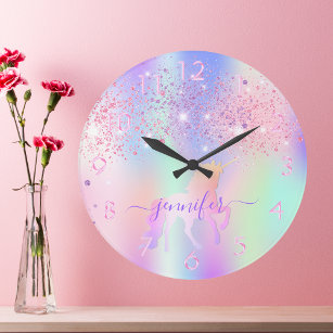 Relógio Grande Nome do monograma roxo cor-de-rosa com brilho Unic