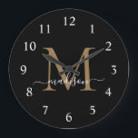 Relógio Grande Nome do Script Feminino do Monograma Dourado Elega<br><div class="desc">Elegante Dourado Monograma Feminino Nome Girassol Nome Grande Relógio</div>