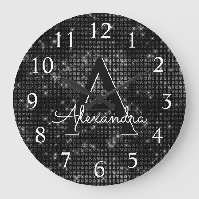 Relógio Grande Nome e inicial do monograma do Shimmer Preto Spark (Frente)