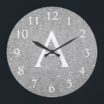 Relógio Grande Nome e inicial do monograma do Silver Sparkle Glit<br><div class="desc">Silver Sparkle Glitter Monogramas Name e First Serving Wall Clock. O Relógio de Parede é o presente perfeito para alguém que ama brilho prateado.</div>